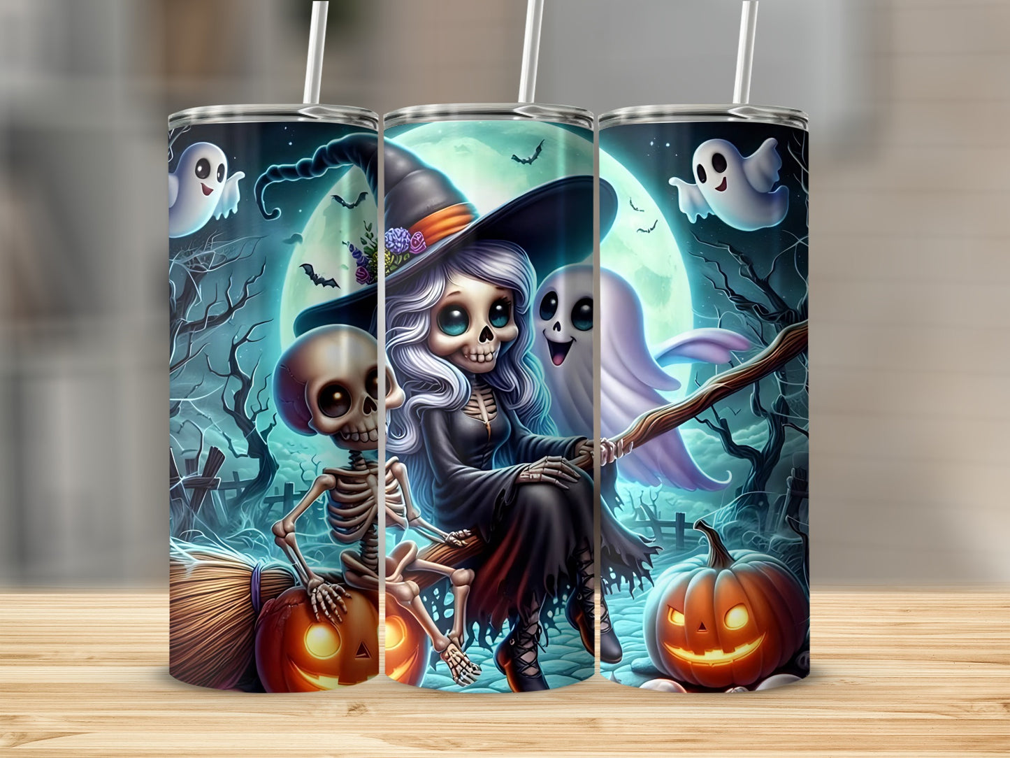 Halloween tumbler with witch, skeleton, ghosts, pumpkins, and bats.