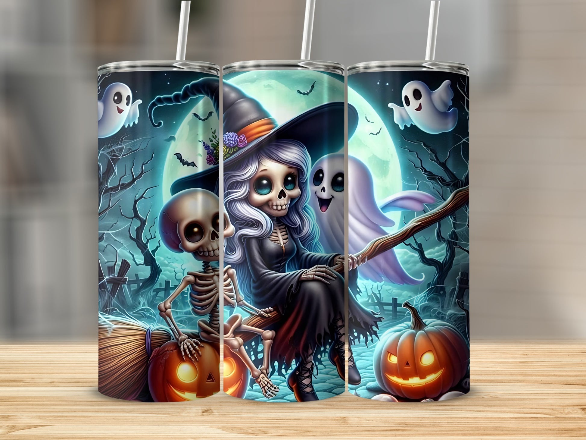 Halloween tumbler with witch, skeleton, ghosts, pumpkins, and bats.