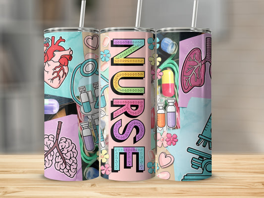"Nurse" tumbler with medical illustrations and colorful floral accents.