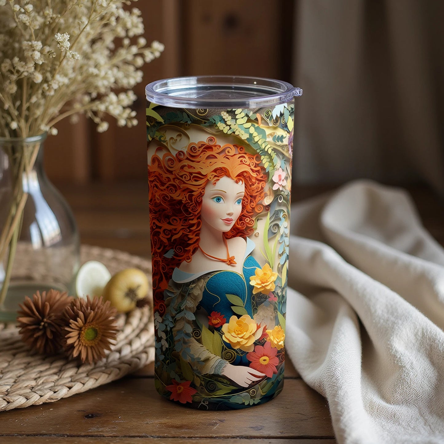 Illustrated Travel Tumbler with Floral and Portrait Design