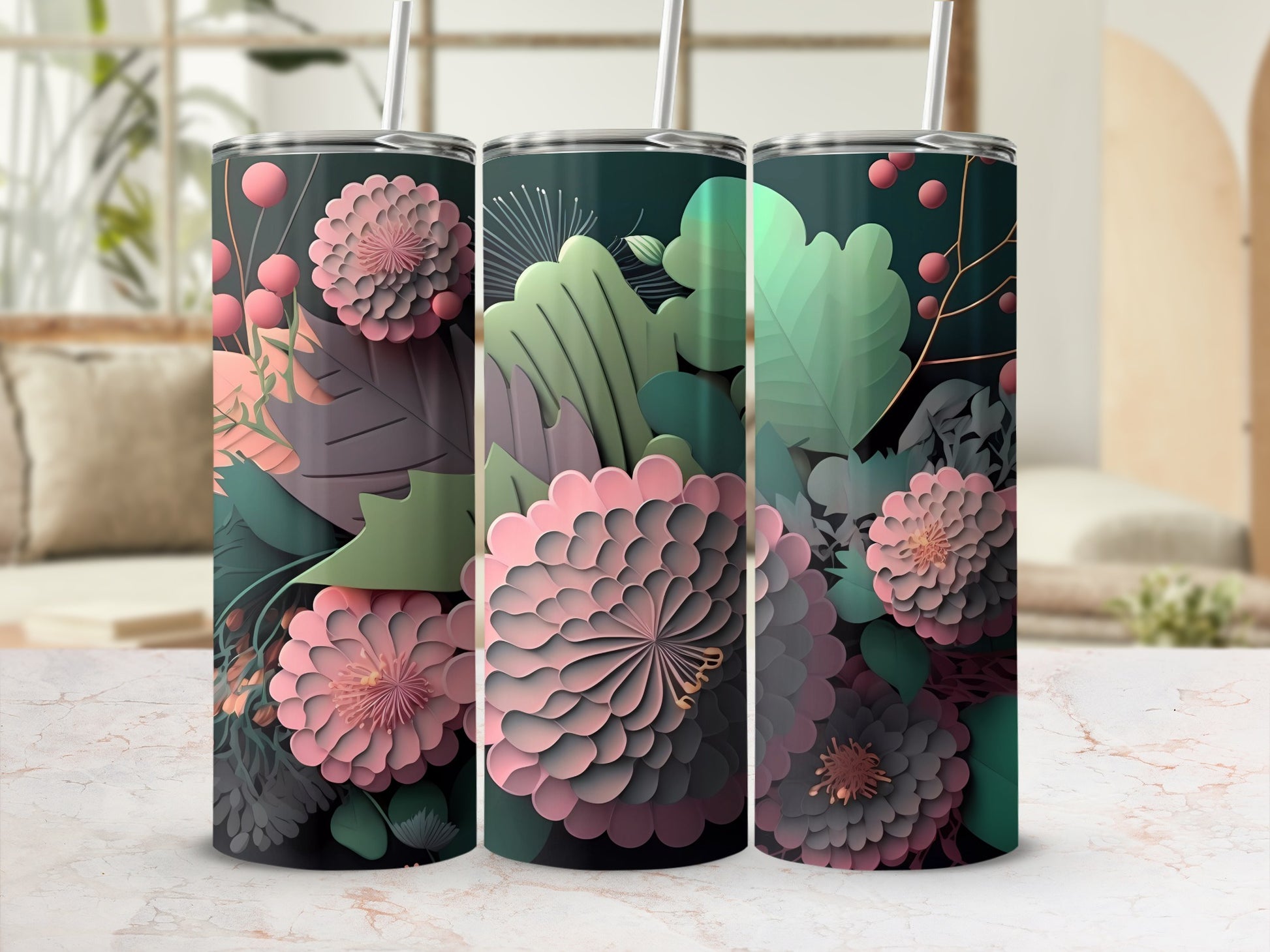 Colorful Floral Pattern Travel Tumbler with Straw