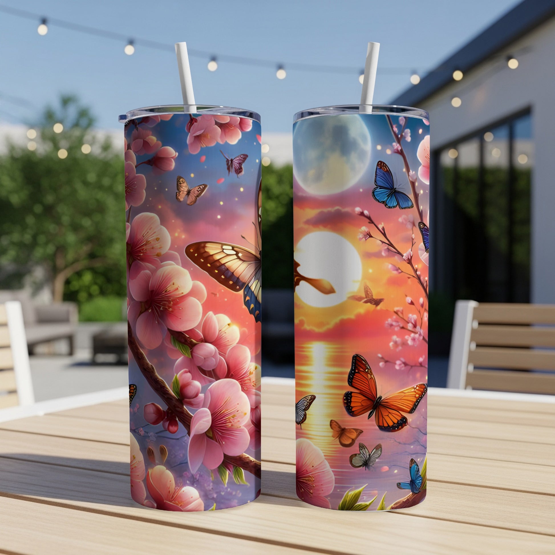 Two tumblers with a cherry blossom and butterfly design under a sunset sky.