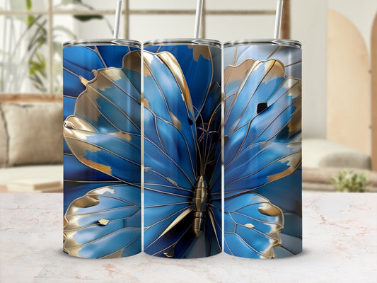 Three tumblers featuring a blue and gold butterfly design.
