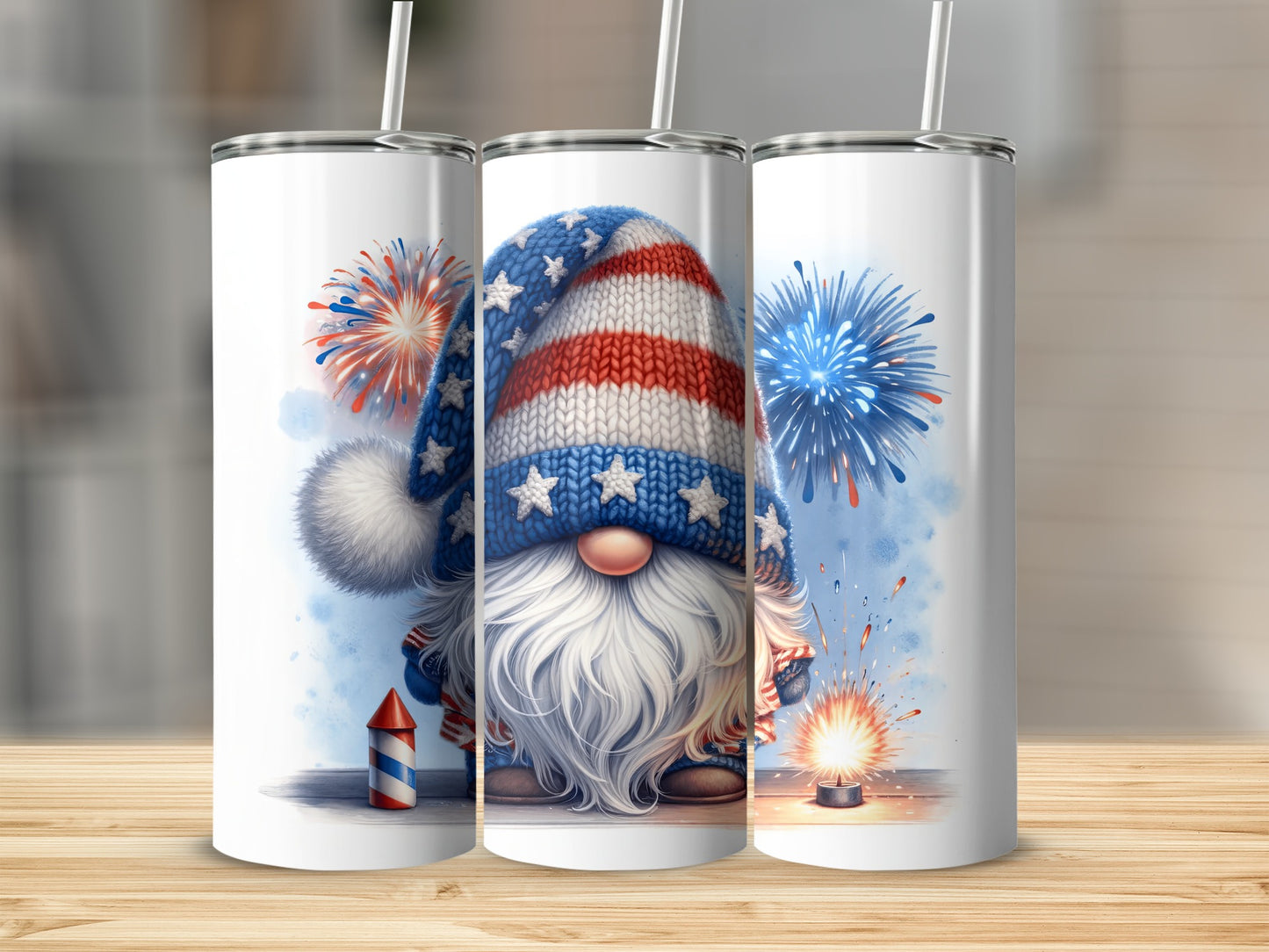 Gnome with patriotic hat, holding sparkler, with fireworks behind.