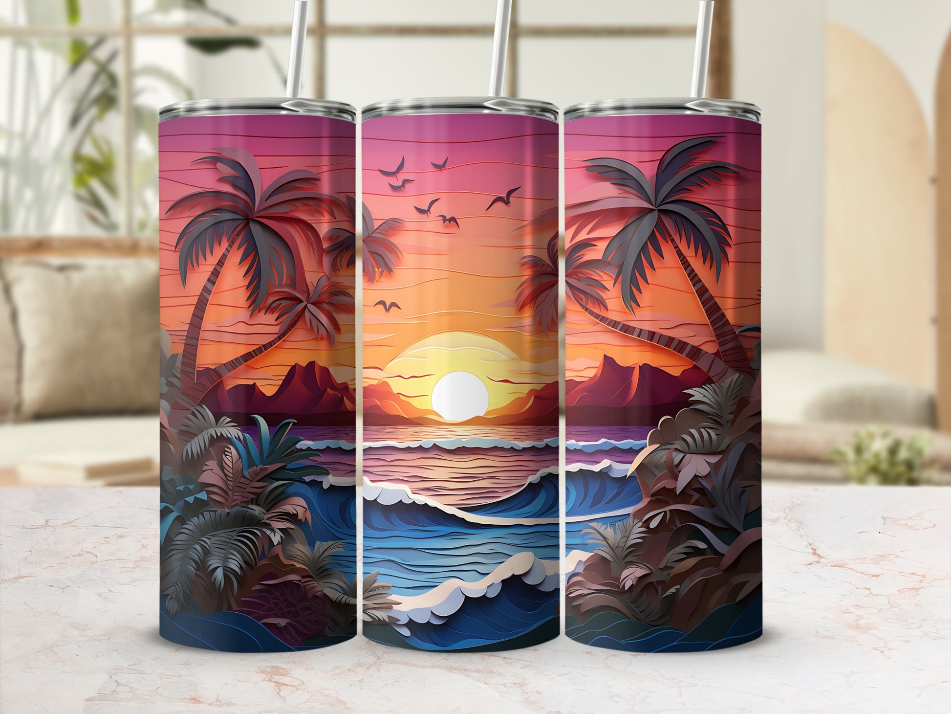 Three tumblers with a tropical sunset beach scene.
