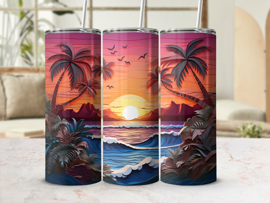 Three tumblers with a tropical sunset beach scene.