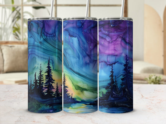 Three tumblers with a starry night sky and pine tree design.