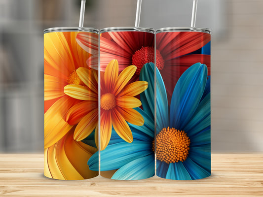 Three vibrant flower designs on tumblers: orange, red, and blue.