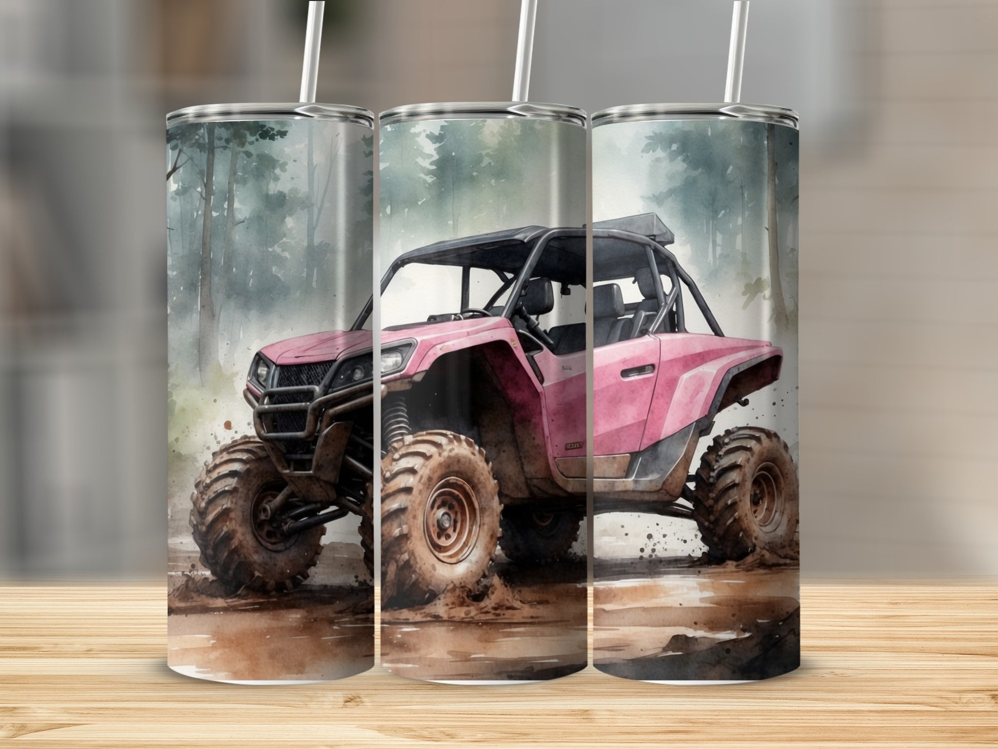 Pink side-by-side UTV driving through muddy terrain with trees.