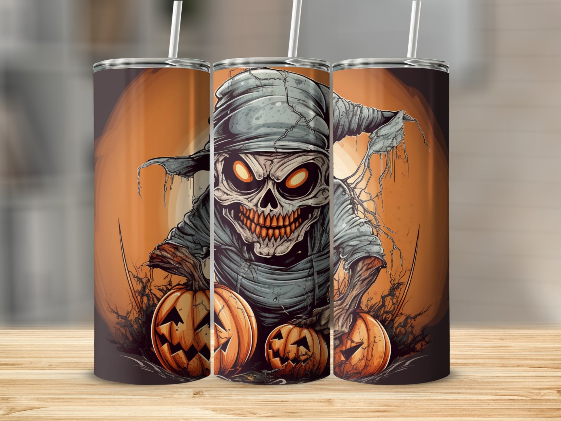 Creepy skeleton with glowing eyes and sharp teeth holding pumpkins, on a tumbler.