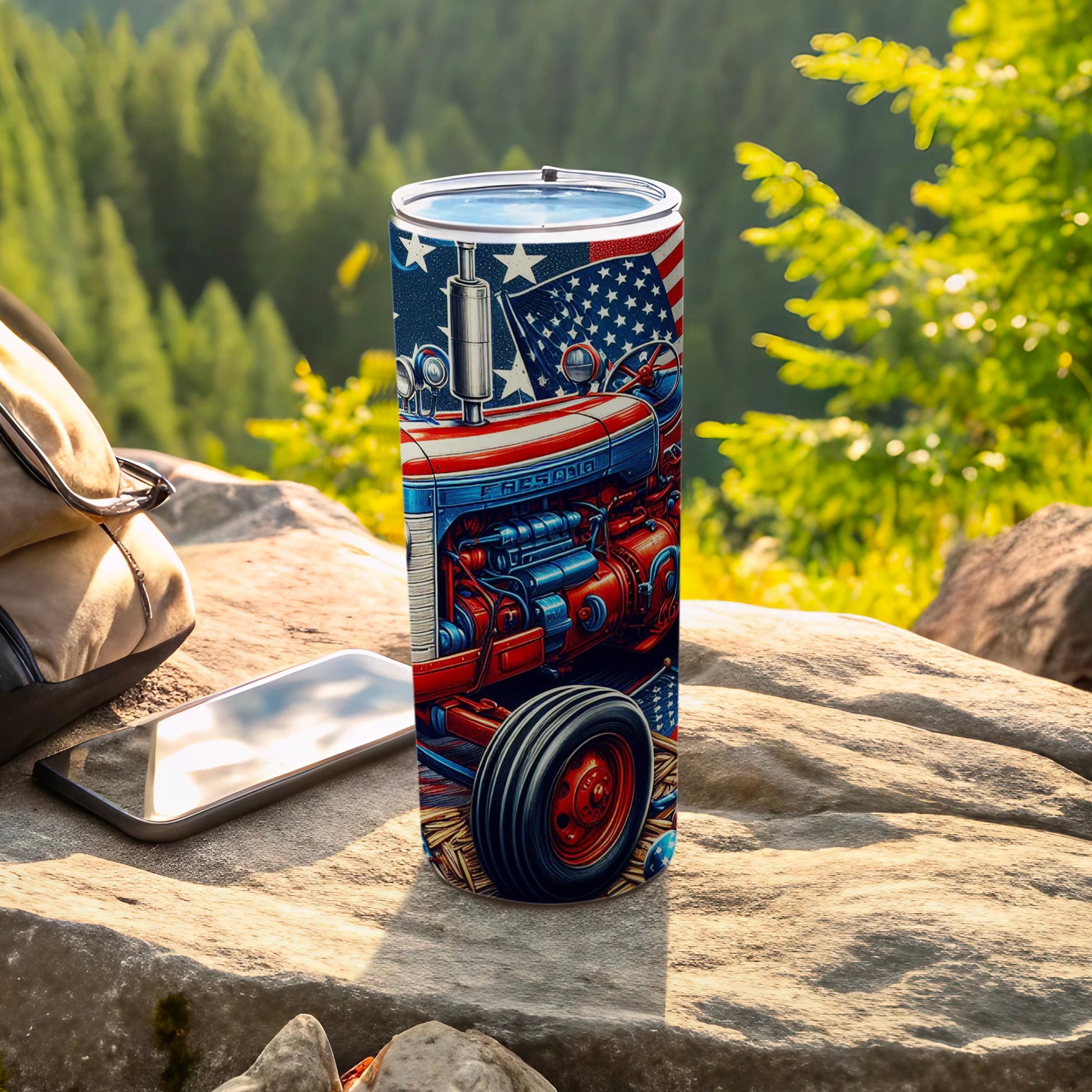 Red, white, and blue tractor tumbler with American flag design.