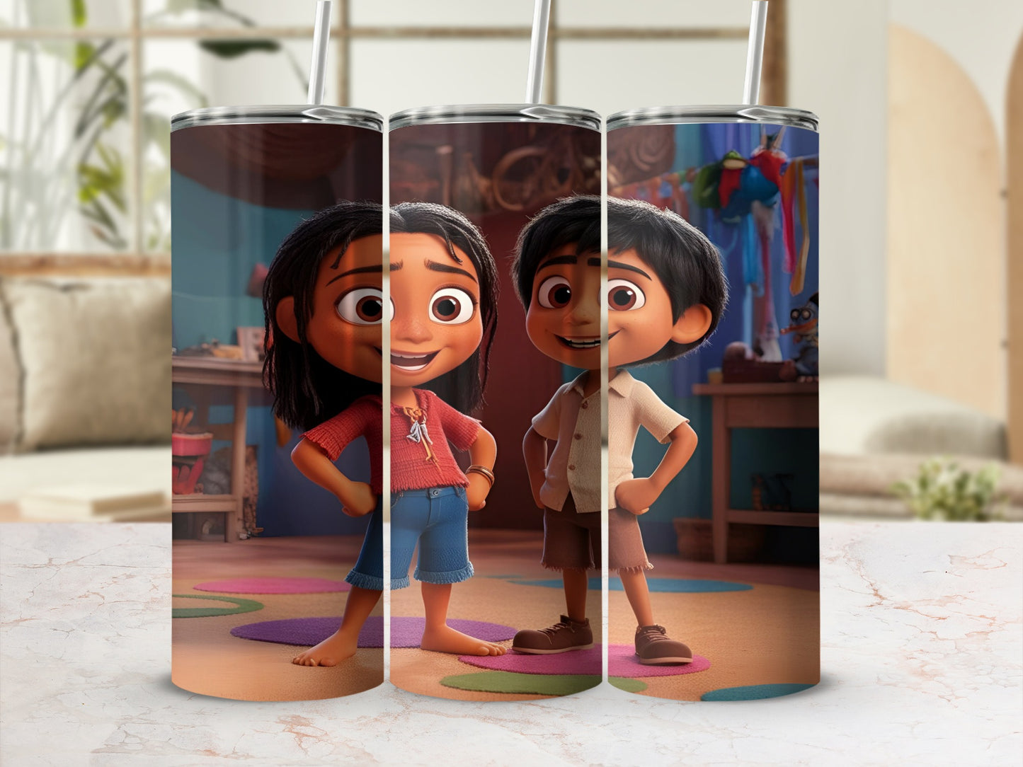 Cartoon boy and girl characters smiling on a tumbler.
