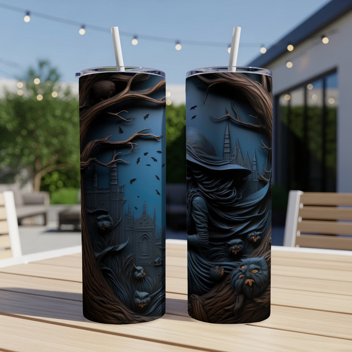 Two tumblers with a dark Halloween theme featuring a witch, castle, and bats.