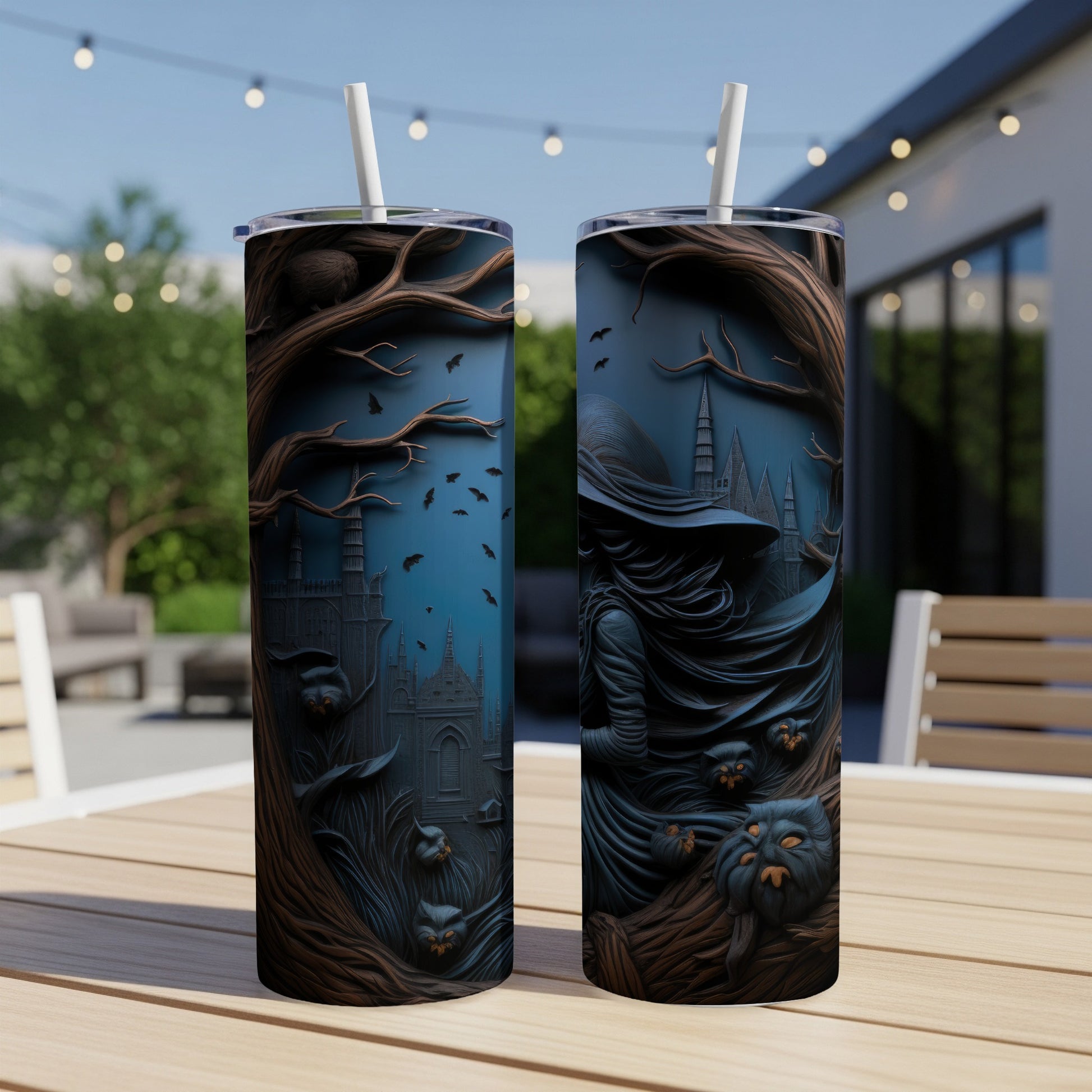 Two tumblers with a dark Halloween theme featuring a witch, castle, and bats.