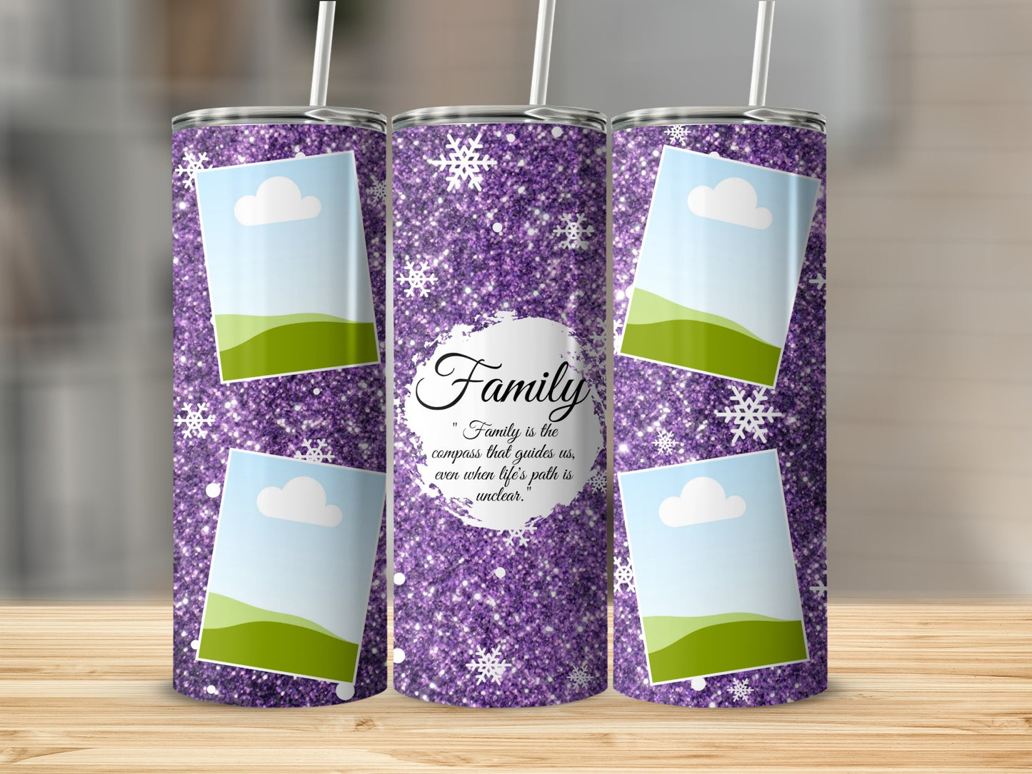 Glittery purple tumbler with snowflakes, photo frames, and the quote "Family is the compass".