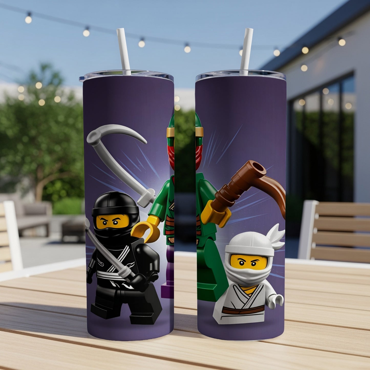 Ninjago characters in black and white on a purple background with weapons.