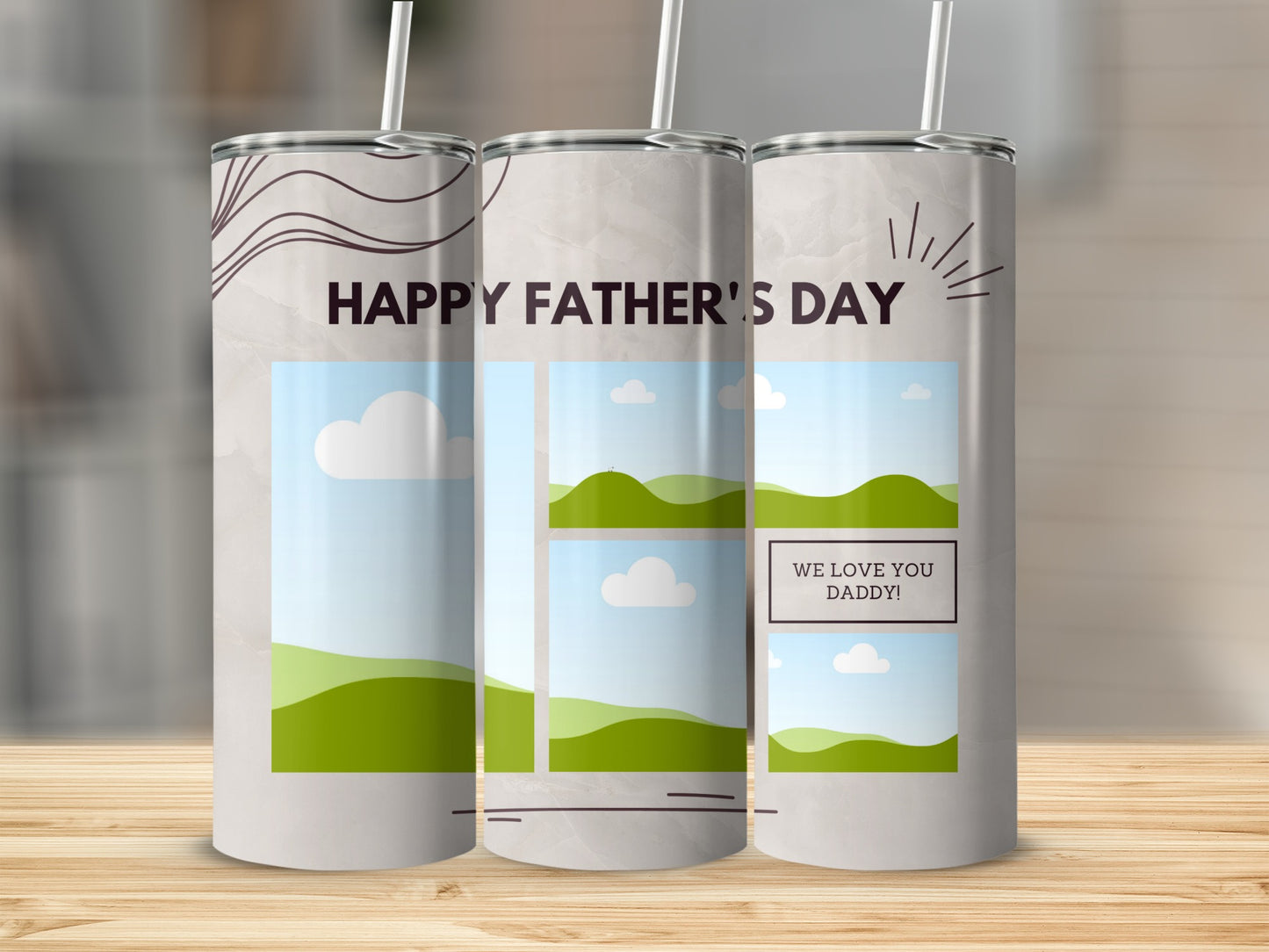 Three tumblers with "Happy Father's Day" and "We Love You Daddy!" text.