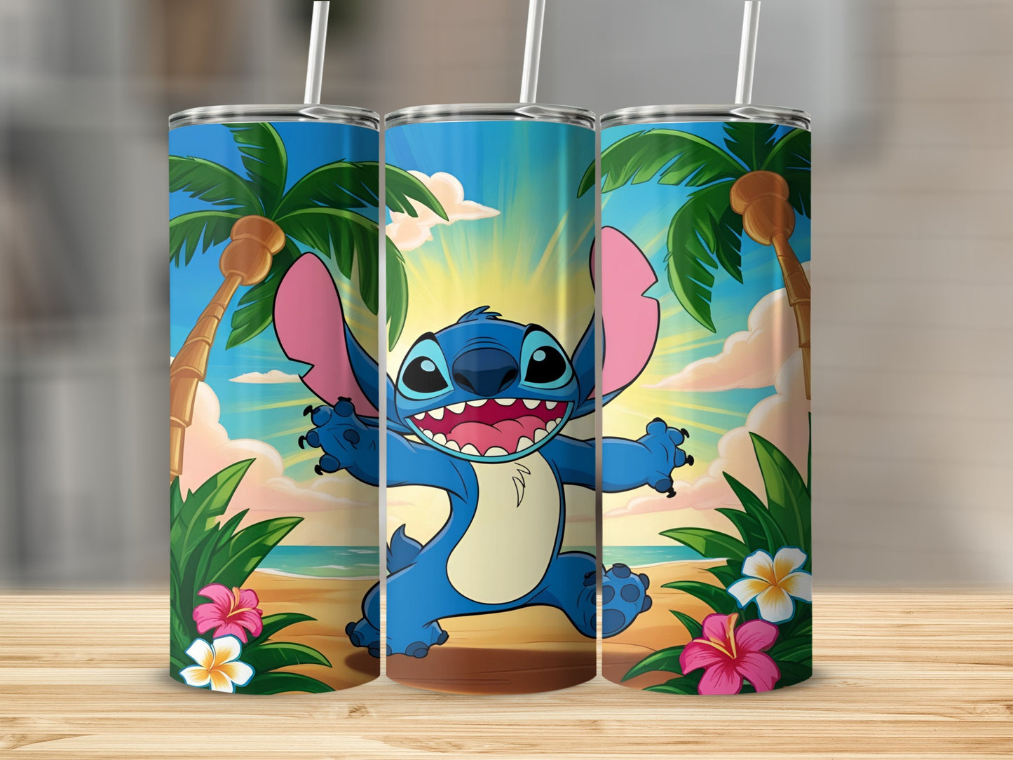 Stitch on a beach with palm trees and tropical flowers.