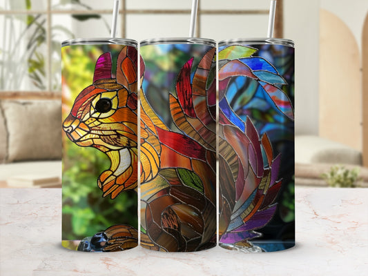 Stained glass squirrel tumbler with colorful, abstract background.