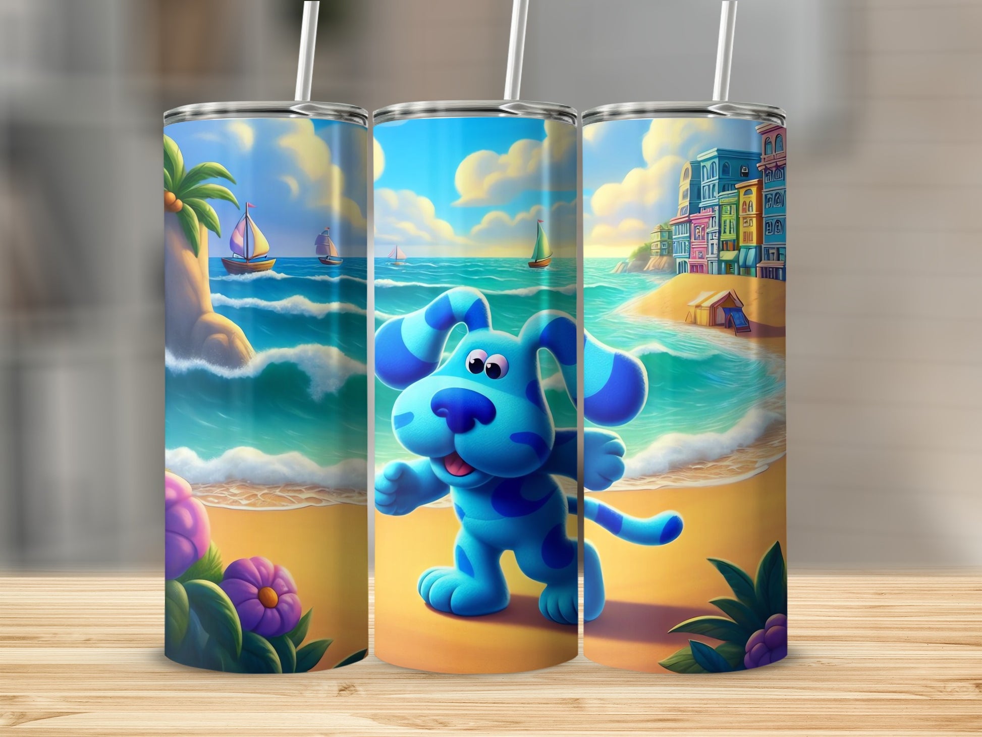 Colorful Beach Scene with Animated Dog Tumbler