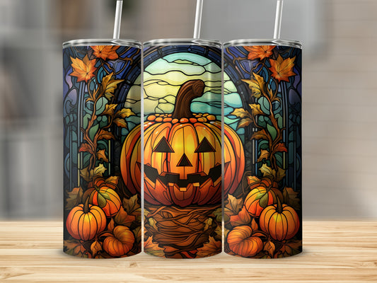 Triptych of Halloween pumpkins with stained-glass window background.