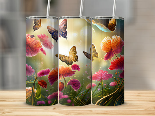 Three tumblers with a floral and butterfly design.