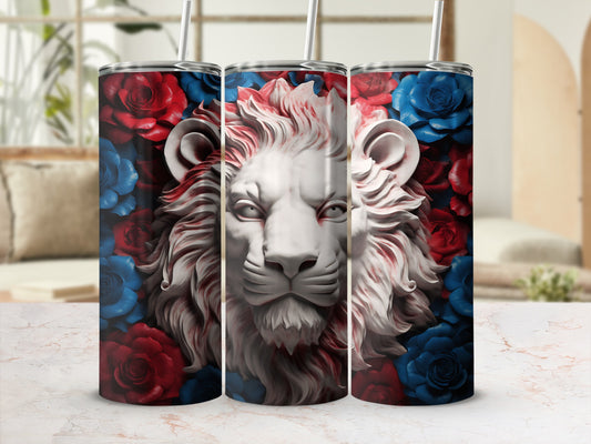 White lion head with red and blue roses on a patterned tumbler.