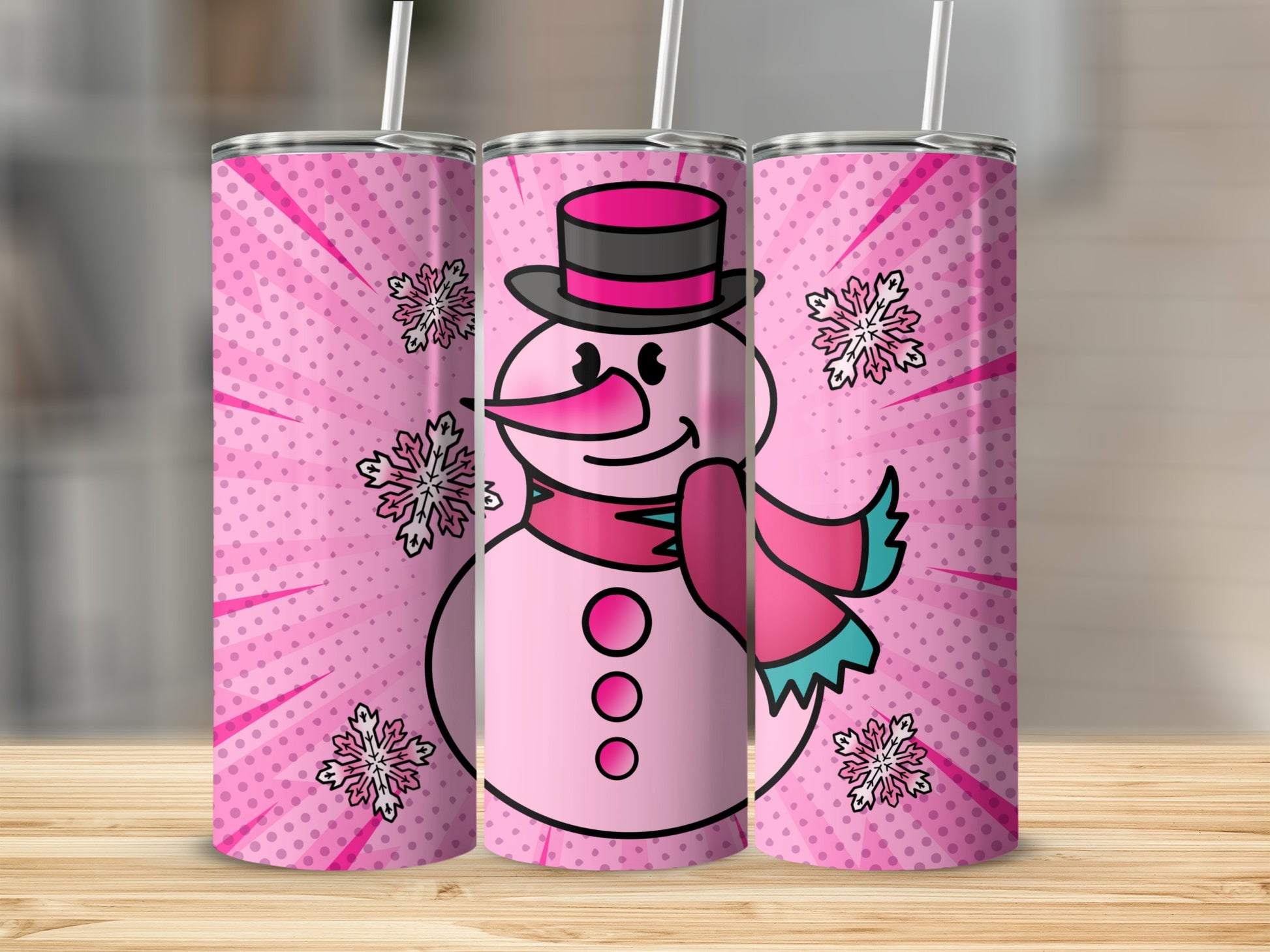 Pink Winter Snowman Tumbler with Straw 20 oz