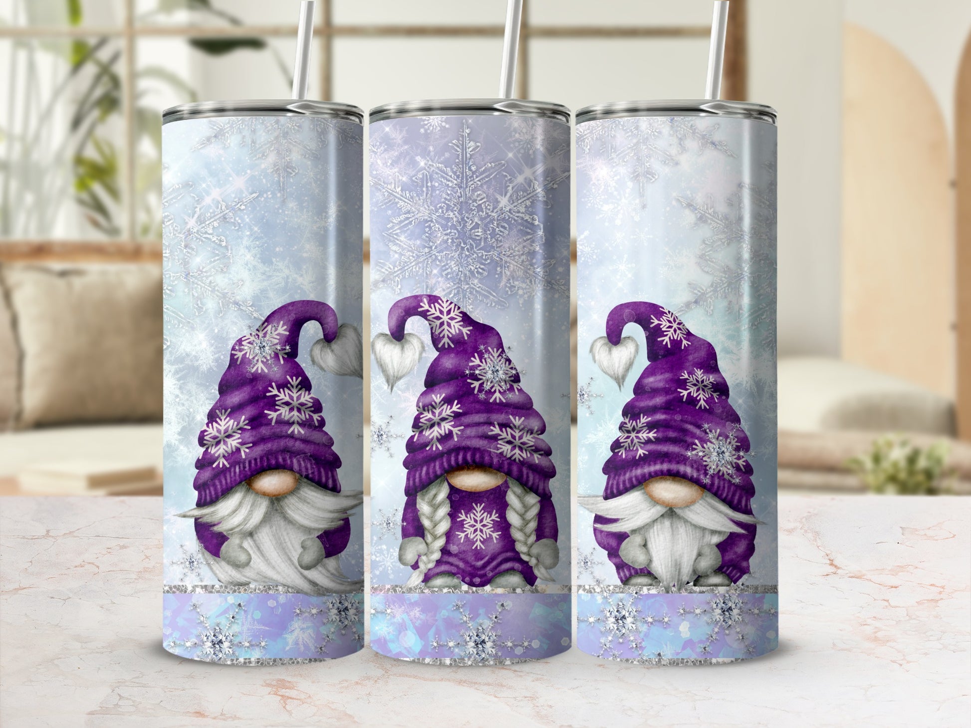 Three purple gnomes with snowflake hats on a purple background.