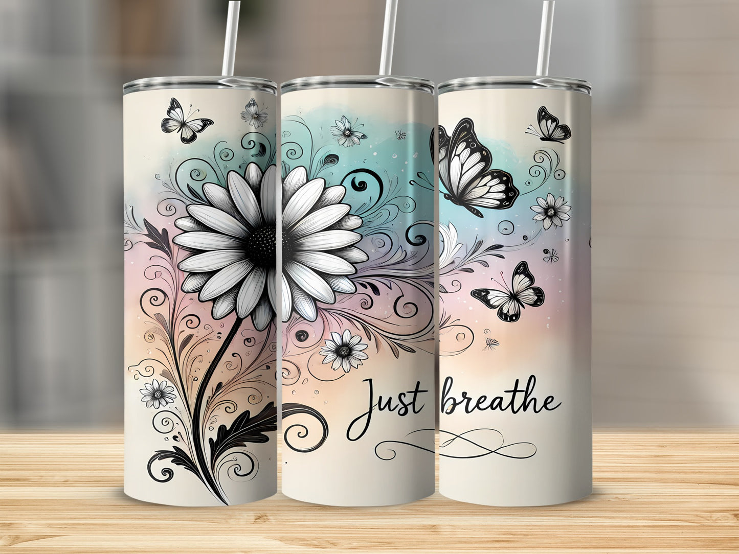 Just Breathe Floral and Butterfly Design Tumbler