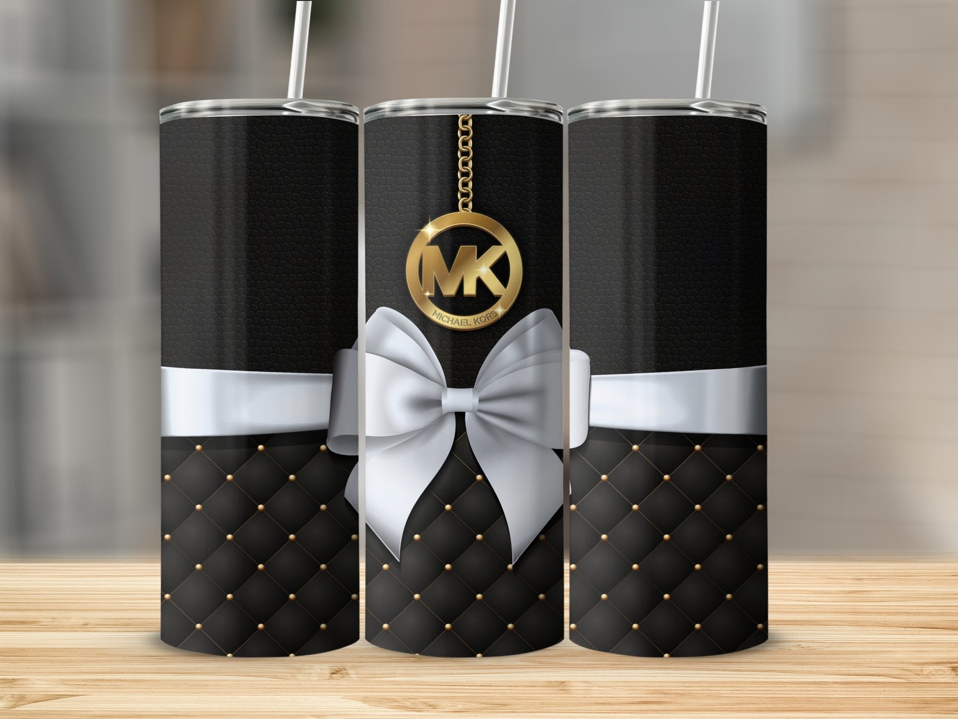 Black Quilted Tumbler with White Bow and MK Charm