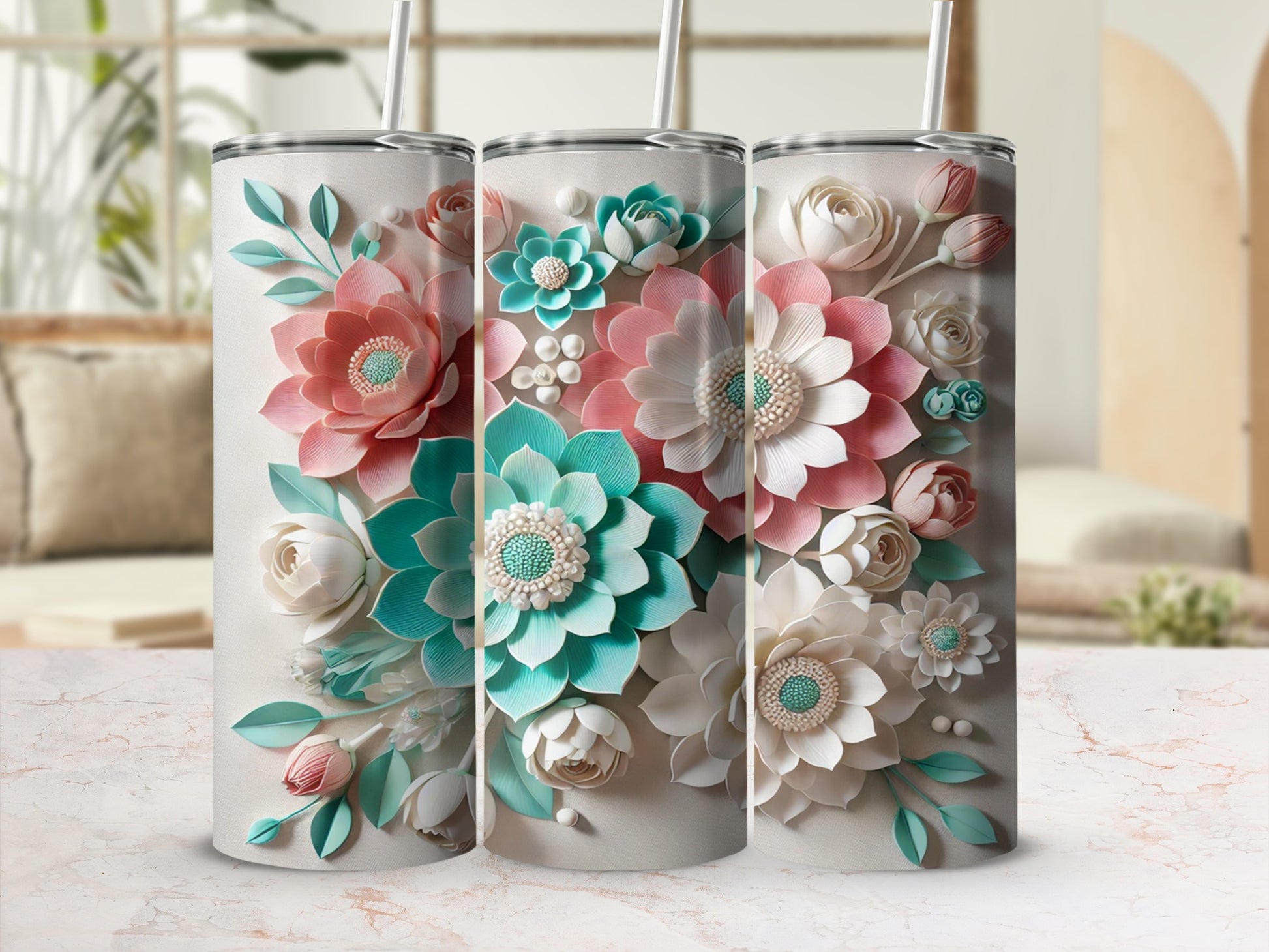 Floral Design Tumbler with Colorful 3D Flower Patterns