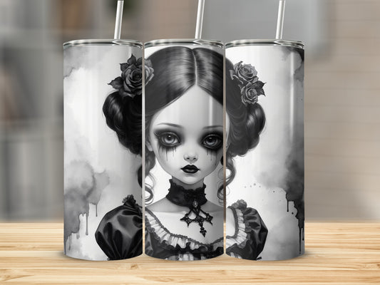 Gothic doll illustration with roses on black dress.