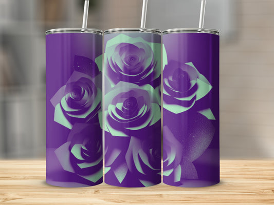 Three purple tumblers with a mint green rose design on a wooden surface.
