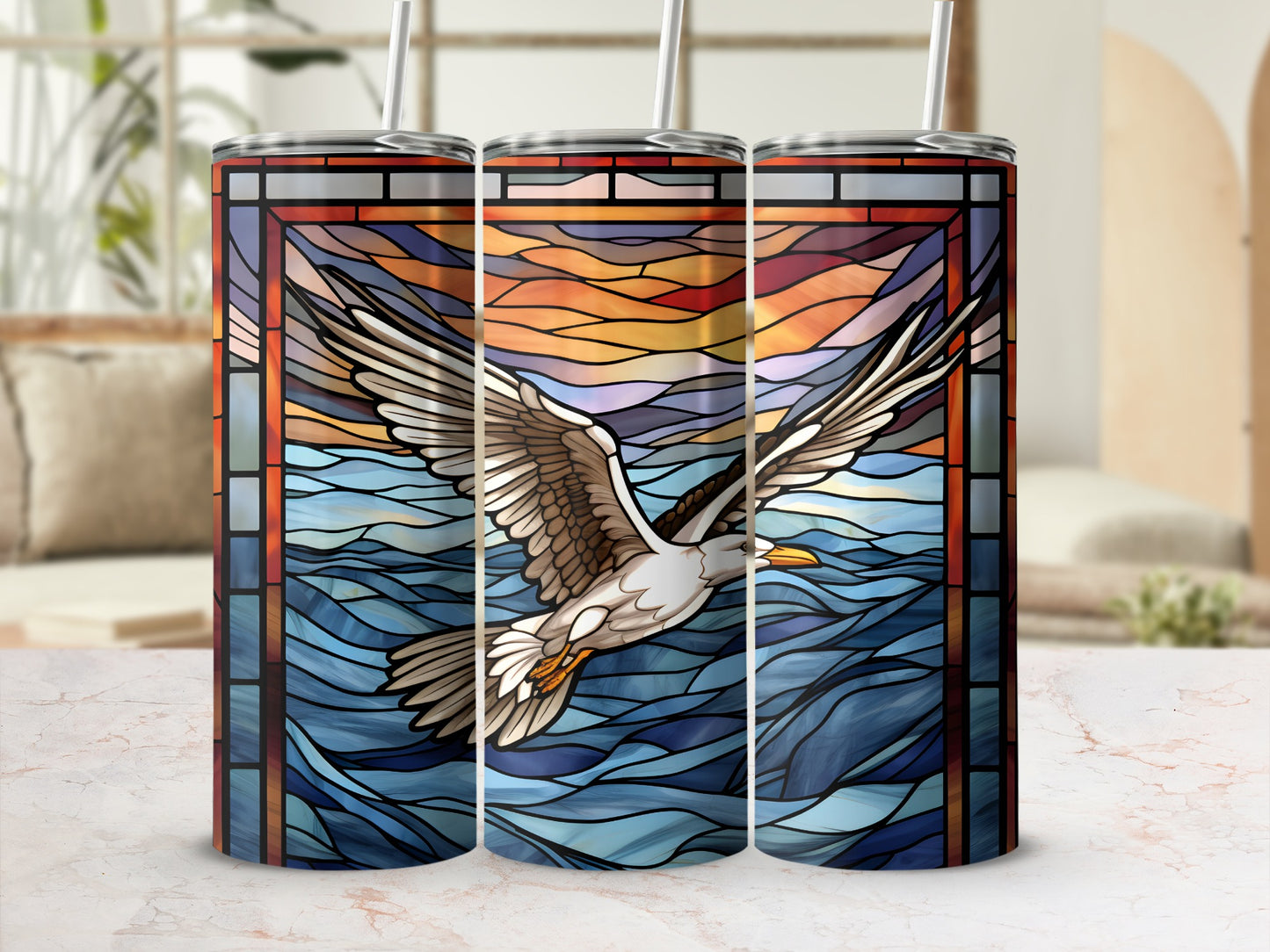 Seagull in flight over stained glass ocean waves on a tumbler.