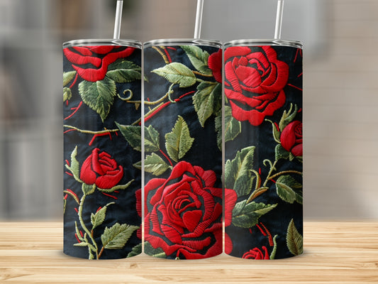 Three tumblers with a red rose embroidery pattern on a dark background.
