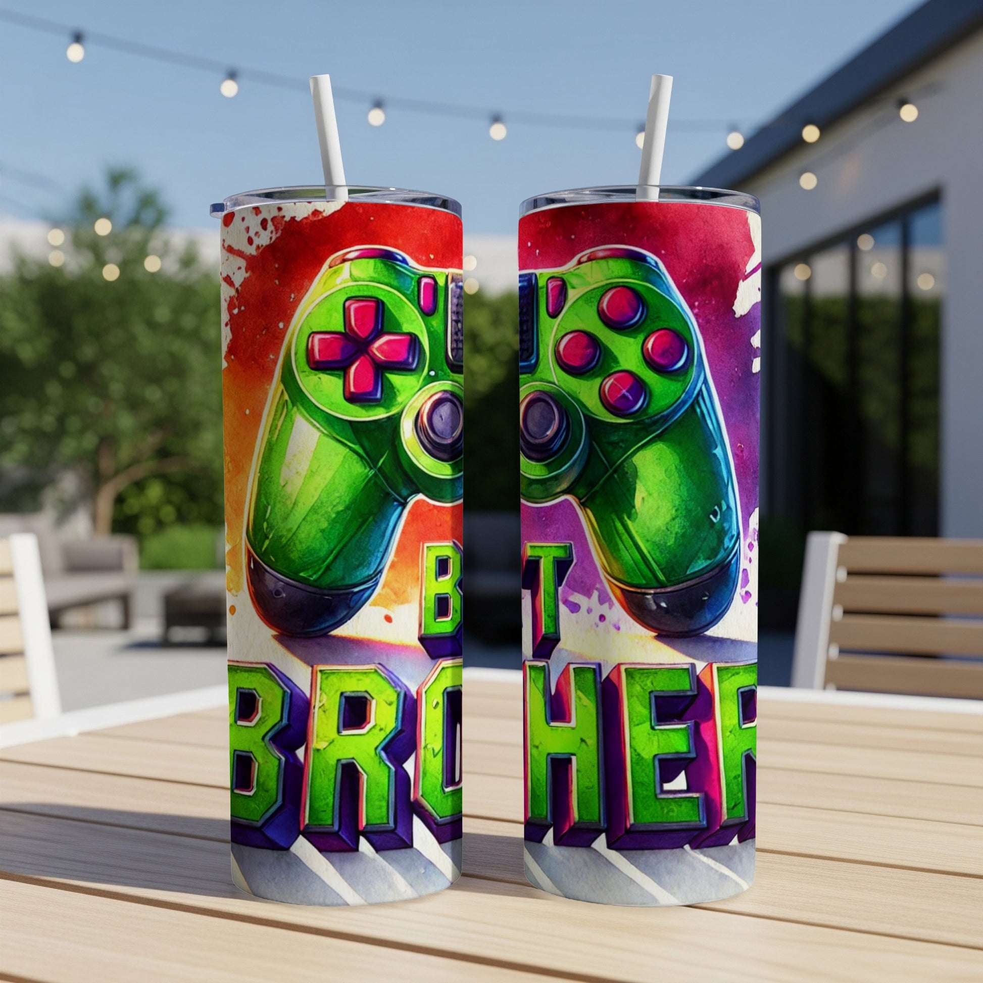 Two tumblers with video game controllers and "BEST BROTHER" text.