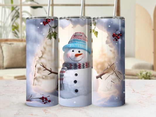 Festive Snowman Tumbler With Straw Winter Design