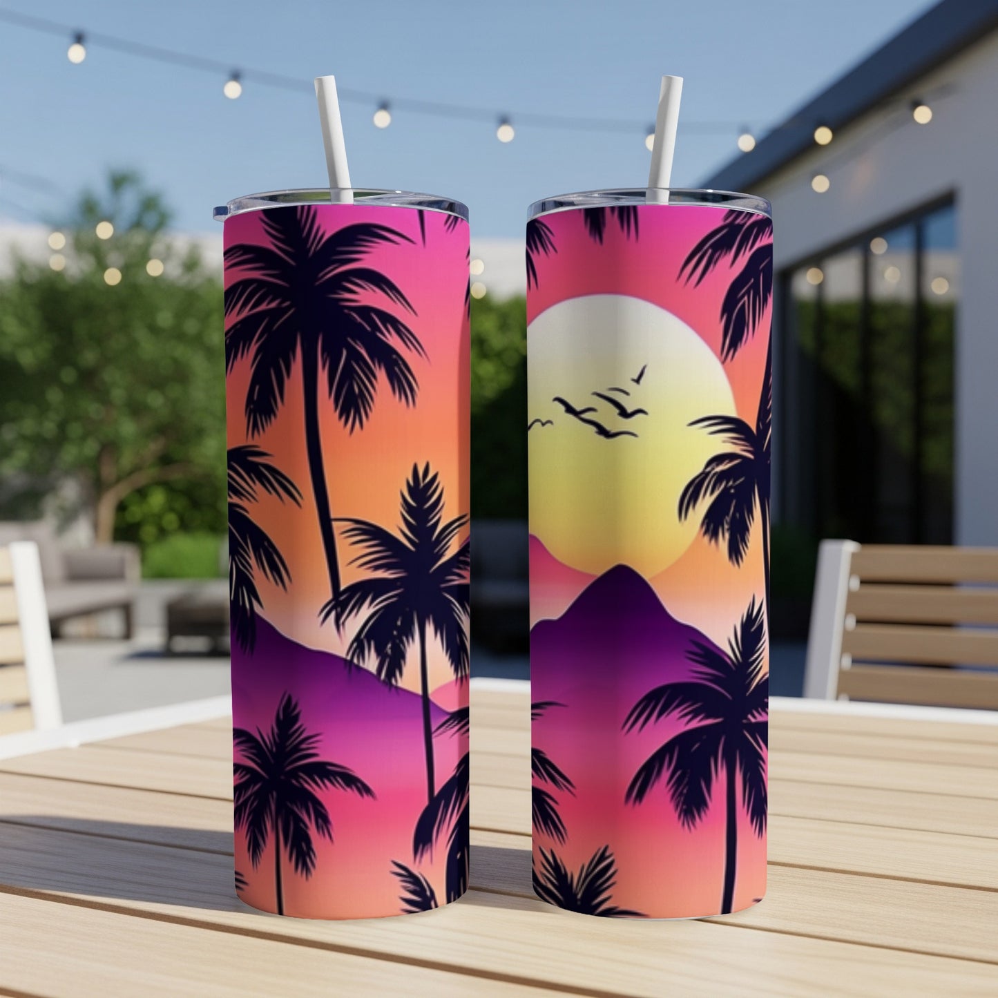 Two tumblers with a vibrant sunset beach scene, palm trees, and mountains.