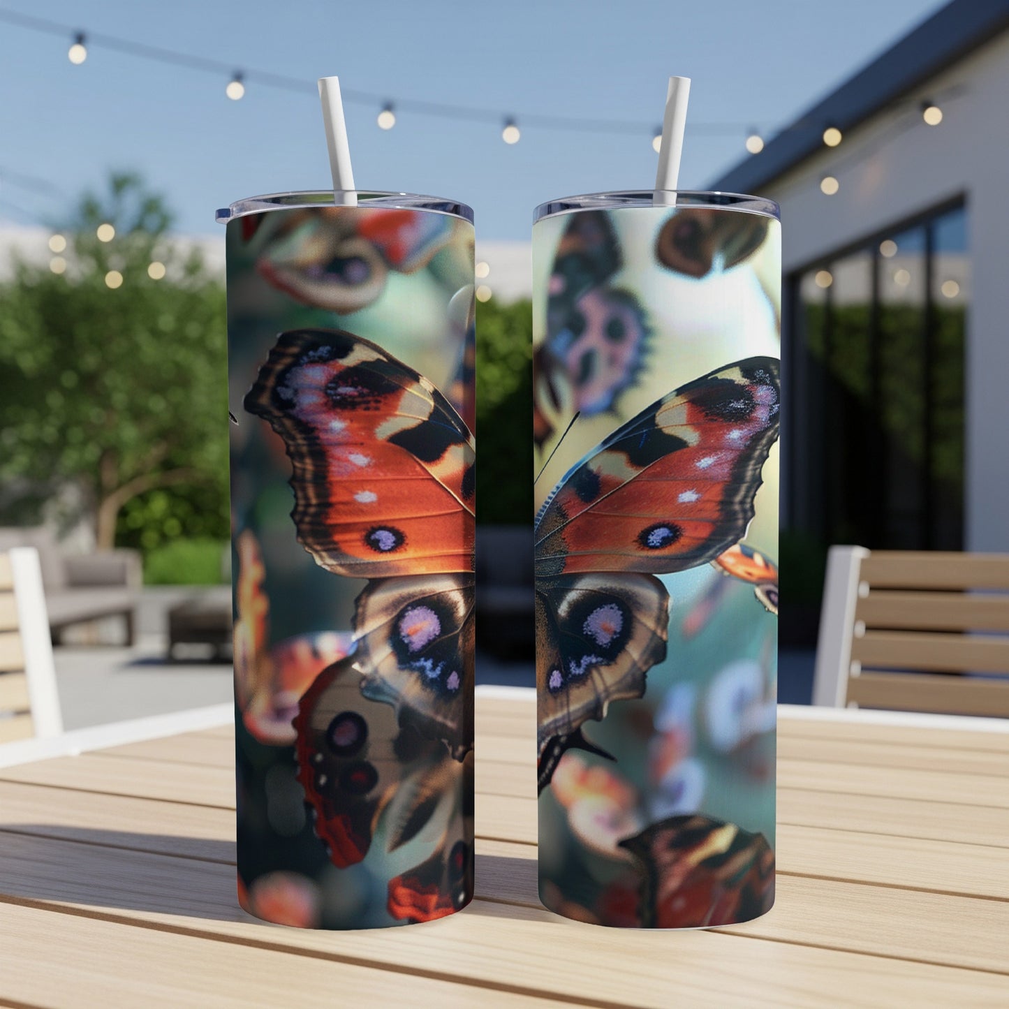 Two tumblers with butterfly wing pattern displayed on a table.
