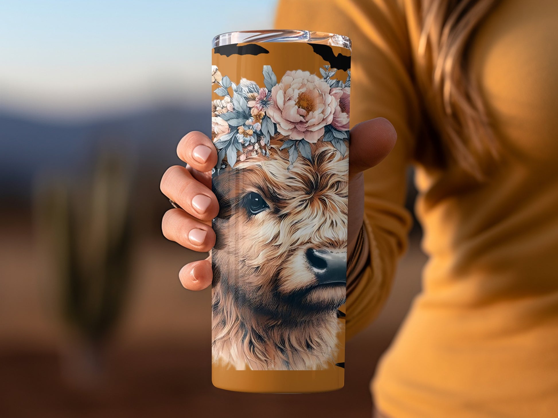 Cute Highland Cow Tumbler with Floral Crown Design
