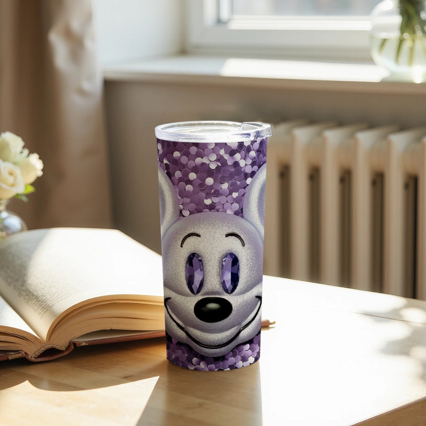 Purple Sparkling Happy Cartoon Face Travel Tumbler