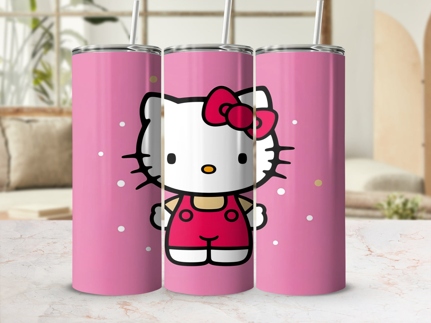 Pink tumbler with Hello Kitty in a red jumpsuit and straw.