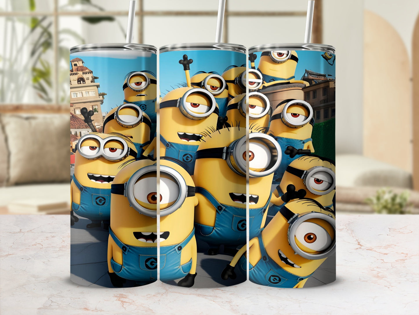 Minions in blue overalls with cartoonish expressions on a patterned tumbler.