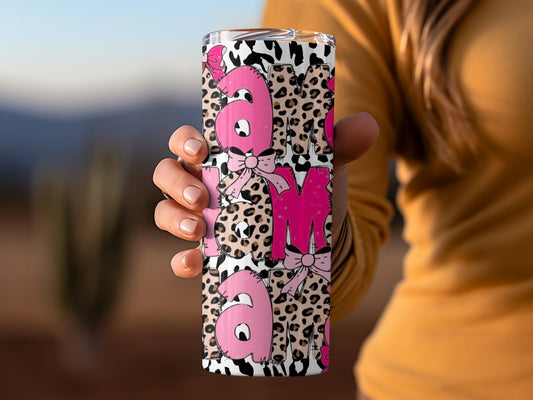 Pink Animal Print Mom Tumbler with Bow Design