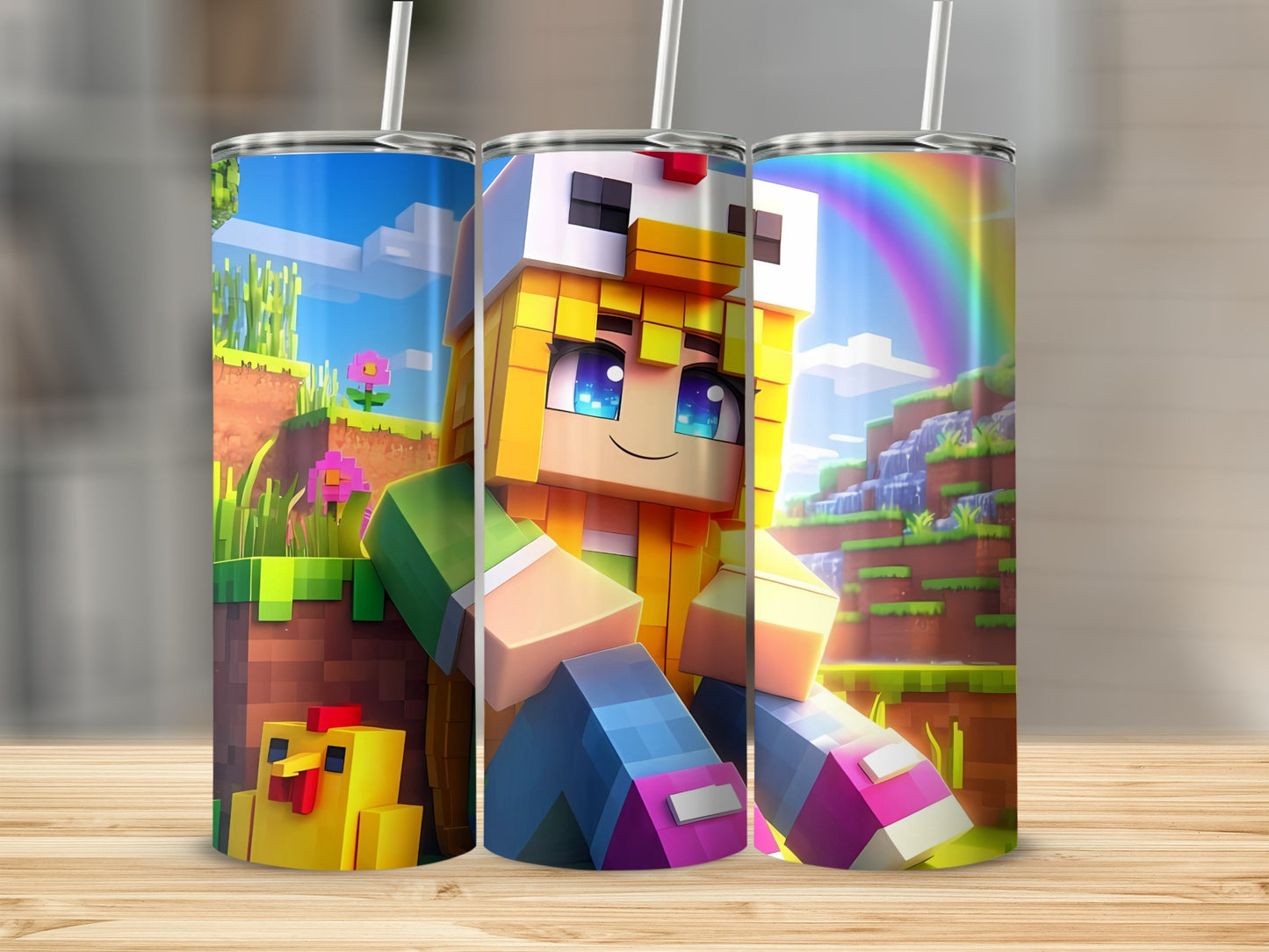 Colorful Pixel Art Girl with Rainbow Tumbler
