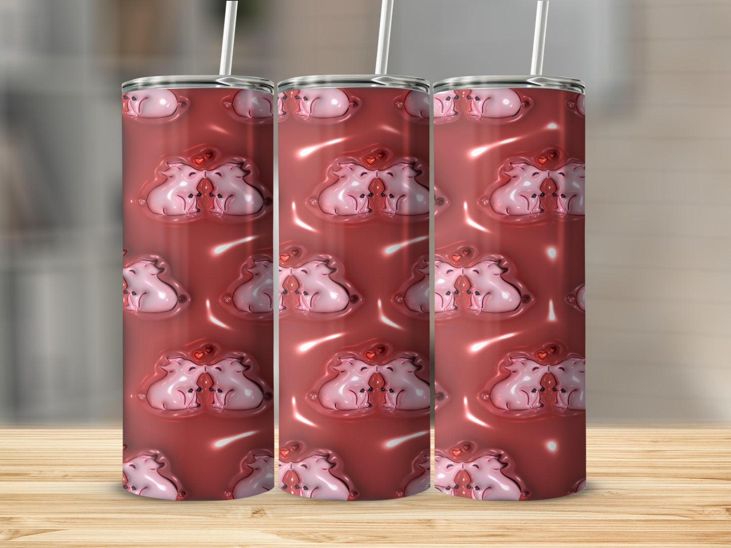 Adorable Cartoon Pig and Hearts Art Tumbler Product