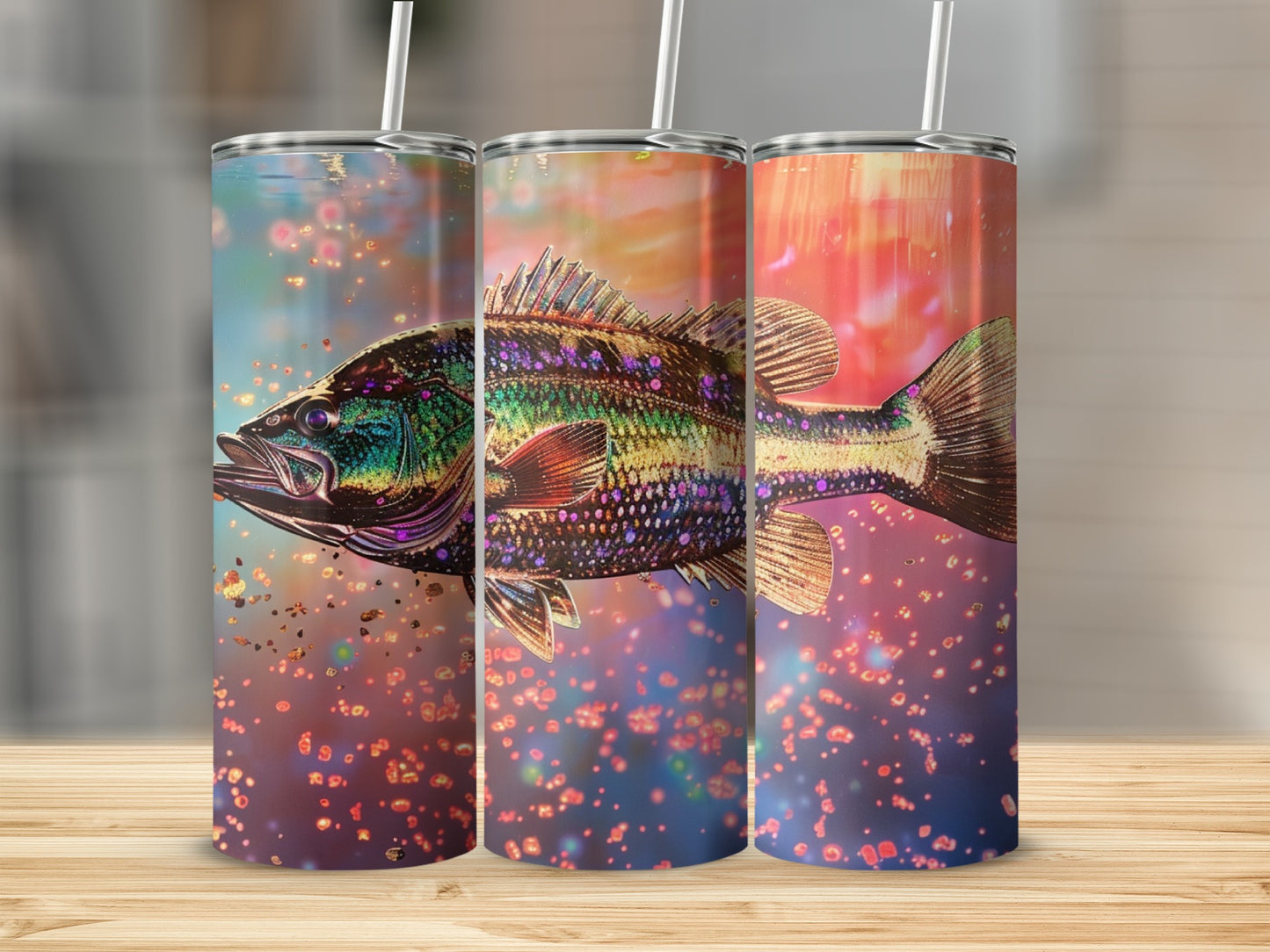 Glittering fish design on three tumblers with blurred colorful background.