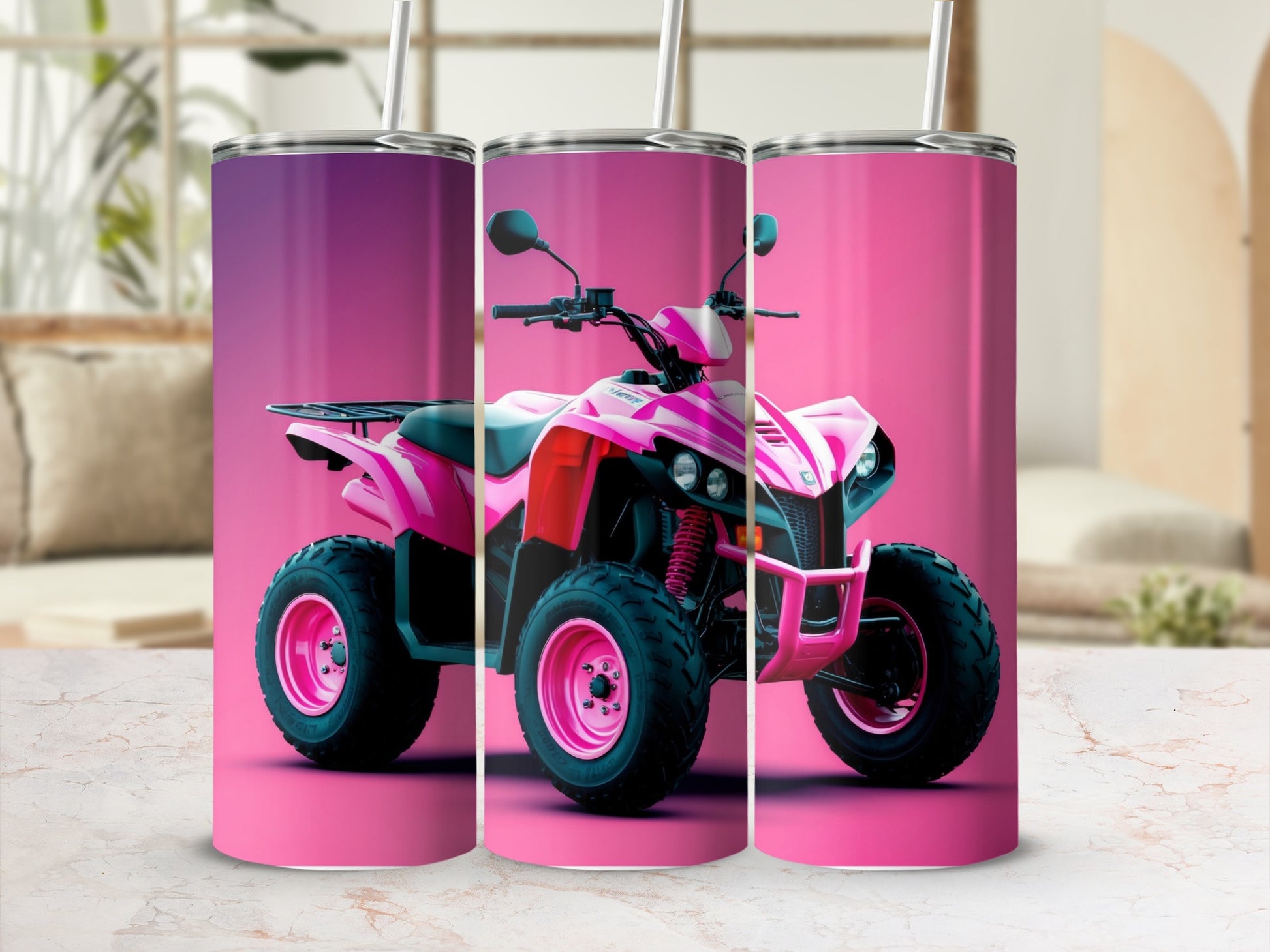 Pink all-terrain vehicle on three tumblers with straw.