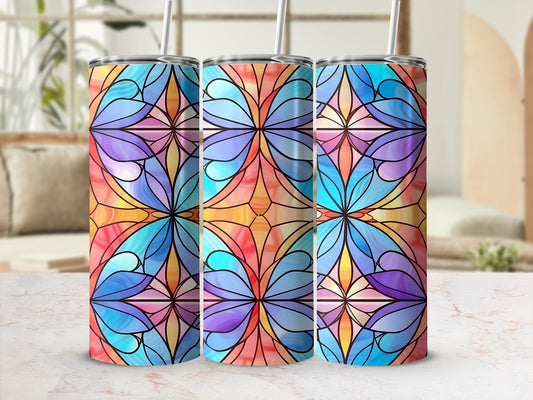 Three stained glass pattern tumblers with floral butterfly design.